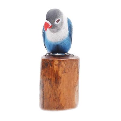 Alternate image for Handcrafted Suar Wood Blue Bird Sculpture with Wooden Base Blue Lovebird