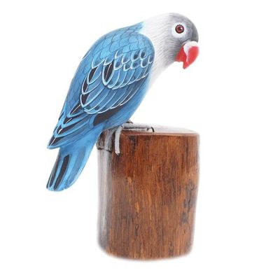 Alternate image for Handcrafted Suar Wood Blue Bird Sculpture with Wooden Base Blue Lovebird