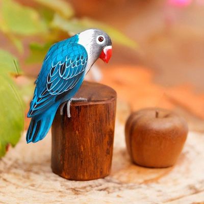 Alternate image for Handcrafted Suar Wood Blue Bird Sculpture with Wooden Base Blue Lovebird