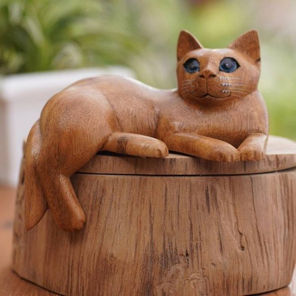 Alternate image for Artisan Crafted Suar Wood Cat Statuette From a Dream