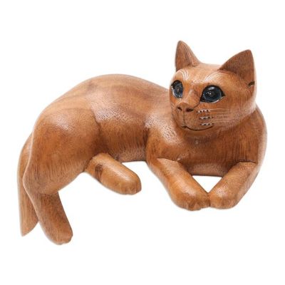 Alternate image for Artisan Crafted Suar Wood Cat Statuette From a Dream