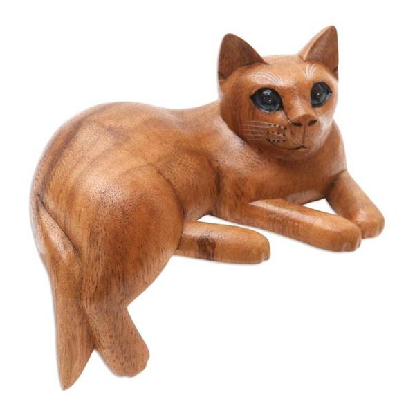 Alternate image for Artisan Crafted Suar Wood Cat Statuette From a Dream