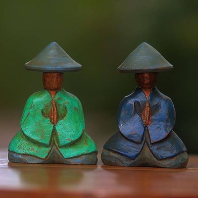 Alternate image for Green and Blue Wood Farmer Figurines from Bali Pair Farmer Couple