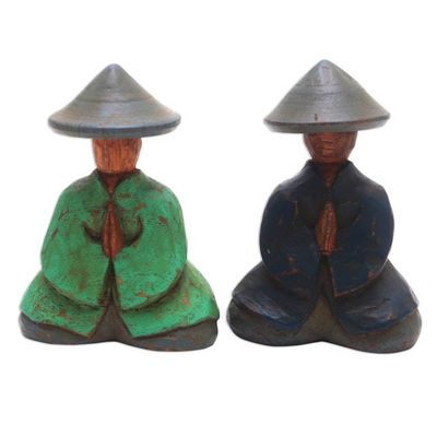 Alternate image for Green and Blue Wood Farmer Figurines from Bali Pair Farmer Couple