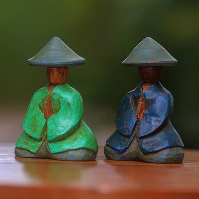 Alternate image for Green and Blue Wood Farmer Figurines from Bali Pair Farmer Couple