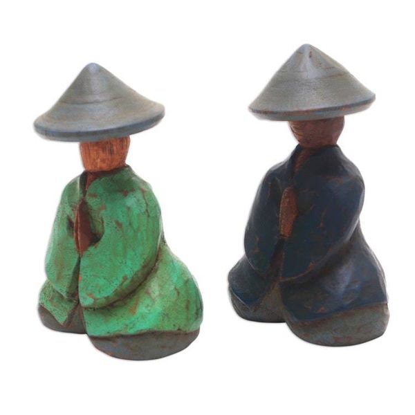 Alternate image for Green and Blue Wood Farmer Figurines from Bali Pair Farmer Couple