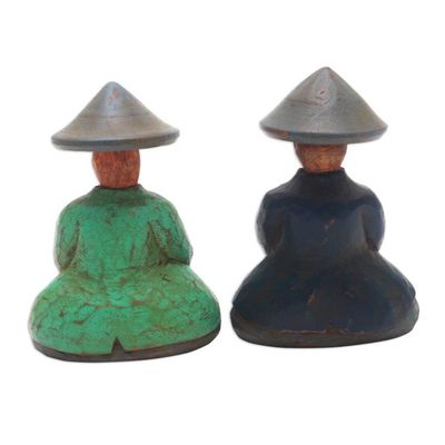 Alternate image for Green and Blue Wood Farmer Figurines from Bali Pair Farmer Couple