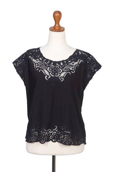 Alternate image for Floral Embroidered Rayon Blouse in Onyx from Bali Black Kusuma