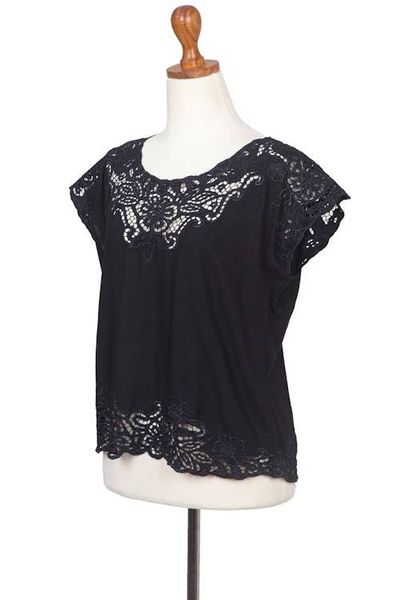 Alternate image for Floral Embroidered Rayon Blouse in Onyx from Bali Black Kusuma