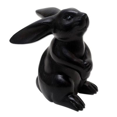 Alternate image for Black Rabbit Statuette from Bali Adorable Rabbit in Black