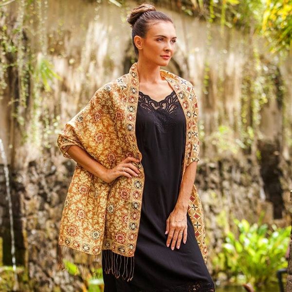 Alternate image for Batik Silk Shawl with Ginger Floral Motifs from Bali Truntum Forest in Ginger
