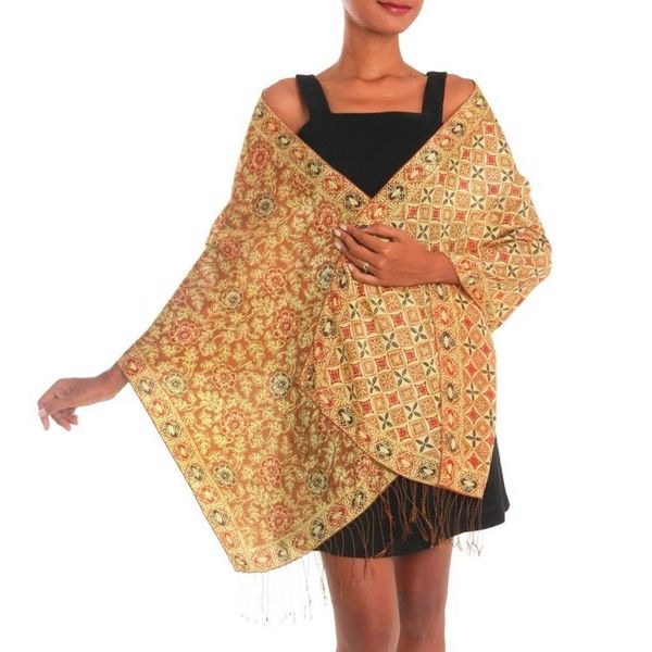 Alternate image for Batik Silk Shawl with Ginger Floral Motifs from Bali Truntum Forest in Ginger
