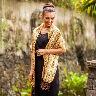 Alternate image for Batik Silk Shawl with Ginger Floral Motifs from Bali Truntum Forest in Ginger