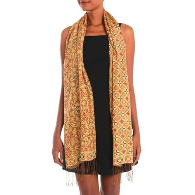 Alternate image for Batik Silk Shawl with Ginger Floral Motifs from Bali Truntum Forest in Ginger