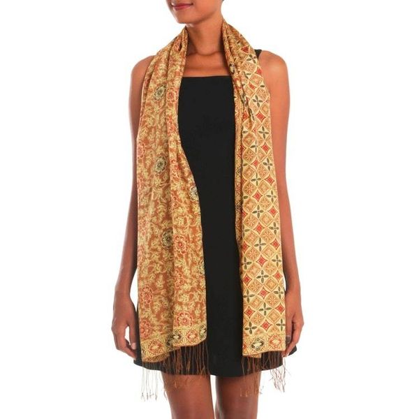 Alternate image for Batik Silk Shawl with Ginger Floral Motifs from Bali Truntum Forest in Ginger