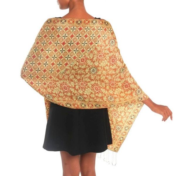 Alternate image for Batik Silk Shawl with Ginger Floral Motifs from Bali Truntum Forest in Ginger