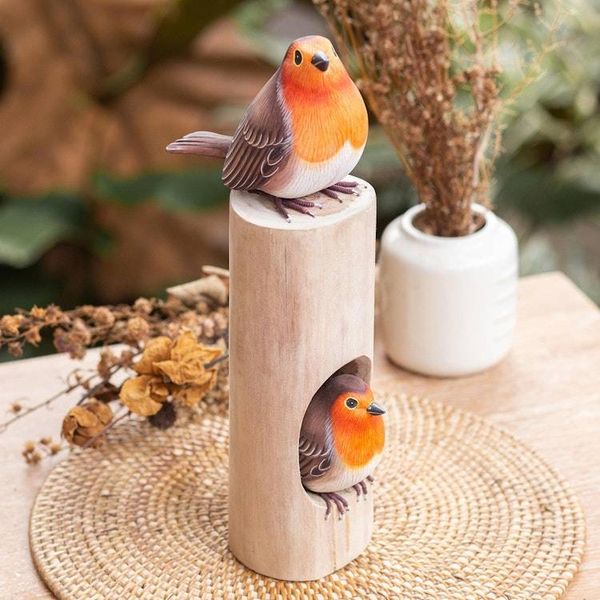 Alternate image for Hand-Carved and Hand-Painted Teak Suar Wood Bird Sculpture Robins Apartment