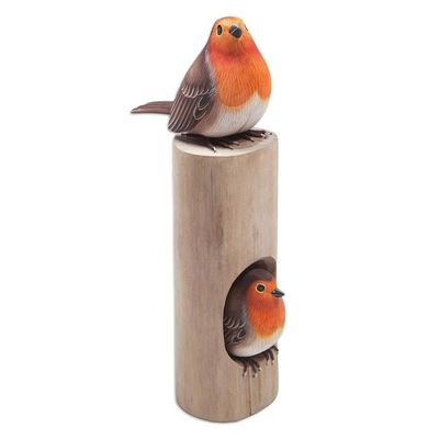 Alternate image for Hand-Carved and Hand-Painted Teak  Suar Wood Bird Sculpture Robins Apartment