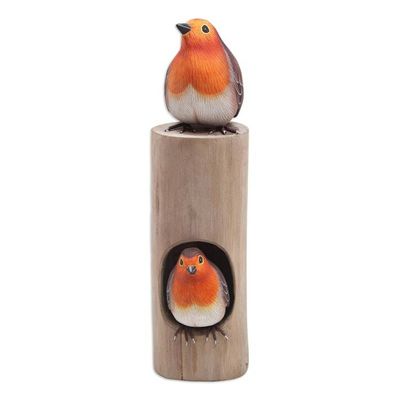 Alternate image for Hand-Carved and Hand-Painted Teak  Suar Wood Bird Sculpture Robins Apartment