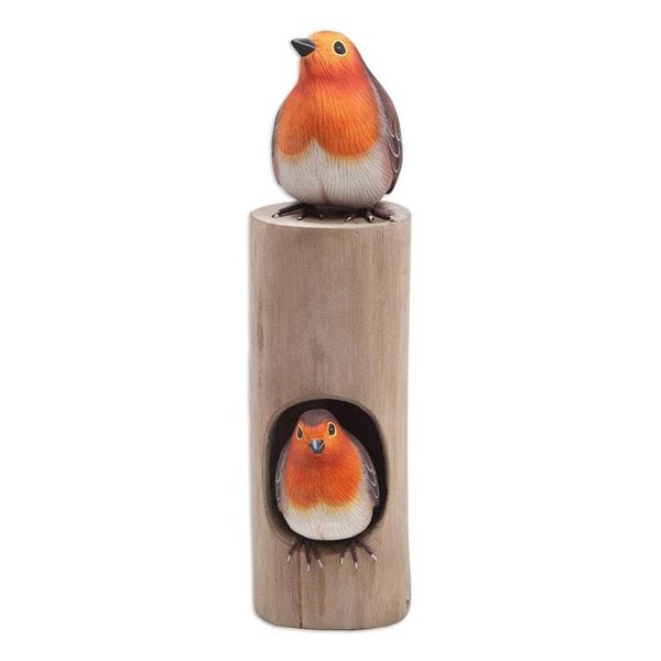 Alternate image for Hand-Carved and Hand-Painted Teak Suar Wood Bird Sculpture Robins Apartment