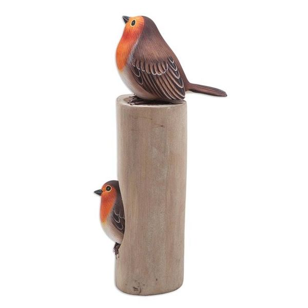 Alternate image for Hand-Carved and Hand-Painted Teak Suar Wood Bird Sculpture Robins Apartment