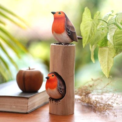 Alternate image for Hand-Carved and Hand-Painted Teak  Suar Wood Bird Sculpture Robins Apartment