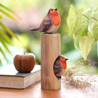 Alternate image for Hand-Carved and Hand-Painted Teak  Suar Wood Bird Sculpture Robins Apartment