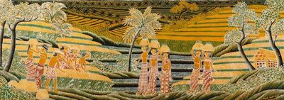 Primary image for Unique Cotton Batik Painting of the Community Rice Harvest Gotong Royong Tradition
