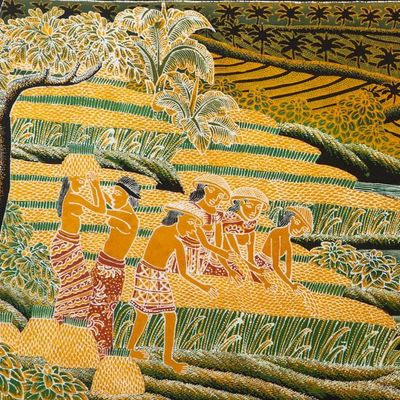 Alternate image for Unique Cotton Batik Painting of the Community Rice Harvest Gotong Royong Tradition
