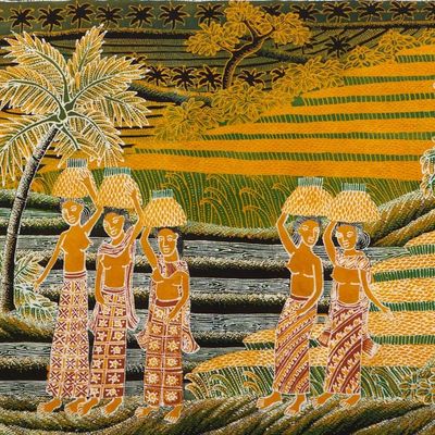 Alternate image for Unique Cotton Batik Painting of the Community Rice Harvest Gotong Royong Tradition