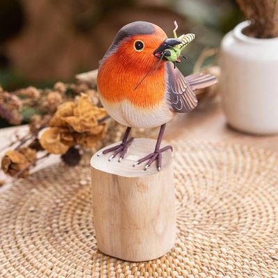 Primary image for Hand-Carved and Hand-Painted Teak  Suar Wood Bird Statuette Robins Meal