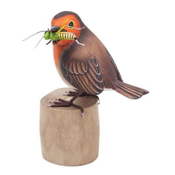 Alternate image for Hand-Carved and Hand-Painted Teak  Suar Wood Bird Statuette Robins Meal