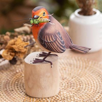 Alternate image for Hand-Carved and Hand-Painted Teak  Suar Wood Bird Statuette Robins Meal