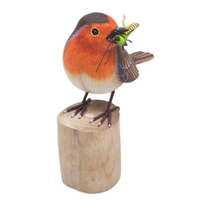 Alternate image for Hand-Carved and Hand-Painted Teak  Suar Wood Bird Statuette Robins Meal