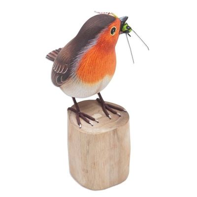 Alternate image for Hand-Carved and Hand-Painted Teak  Suar Wood Bird Statuette Robins Meal