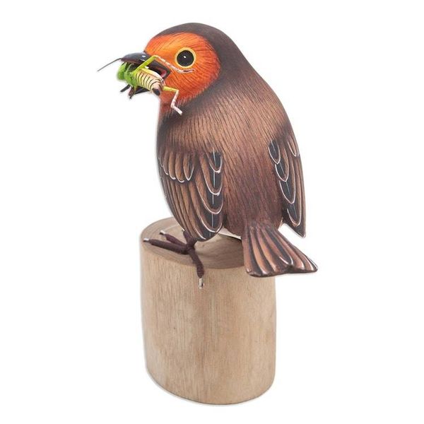 Alternate image for Hand-Carved and Hand-Painted Teak  Suar Wood Bird Statuette Robins Meal