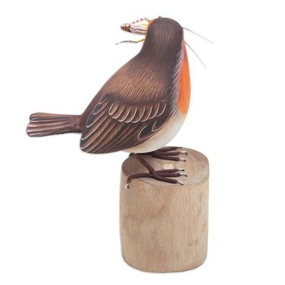 Alternate image for Hand-Carved and Hand-Painted Teak  Suar Wood Bird Statuette Robins Meal