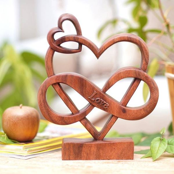 Alternate image for Hand-Carved Heart-Themed Suar Wood Sculpture in Brown The Last Love