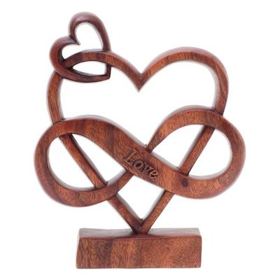 Alternate image for Hand-Carved Heart-Themed Suar Wood Sculpture in Brown The Last Love
