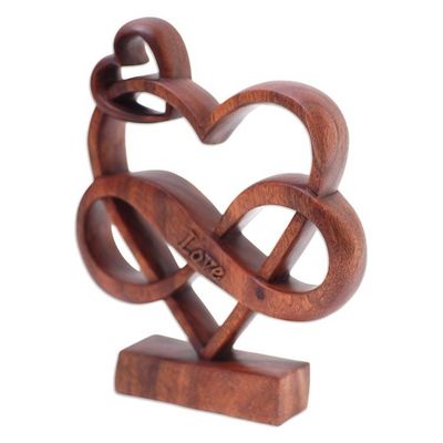 Alternate image for Hand-Carved Heart-Themed Suar Wood Sculpture in Brown The Last Love