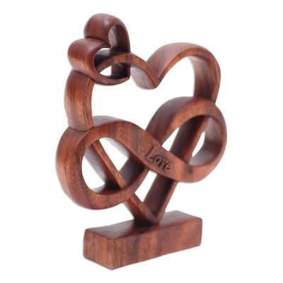 Alternate image for Hand-Carved Heart-Themed Suar Wood Sculpture in Brown The Last Love