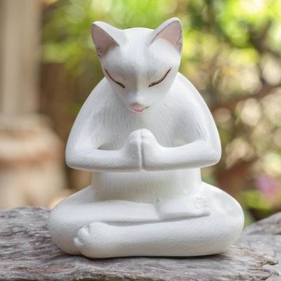 Main image for Hand Carved Suar Wood Cat Statuette Grateful Cat in White