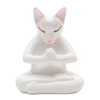 Alternate image for Hand Carved Suar Wood Cat Statuette Grateful Cat in White