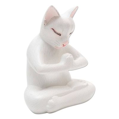 Alternate image for Hand Carved Suar Wood Cat Statuette Grateful Cat in White