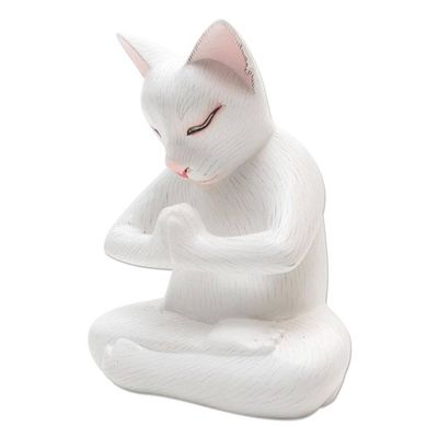 Alternate image for Hand Carved Suar Wood Cat Statuette Grateful Cat in White