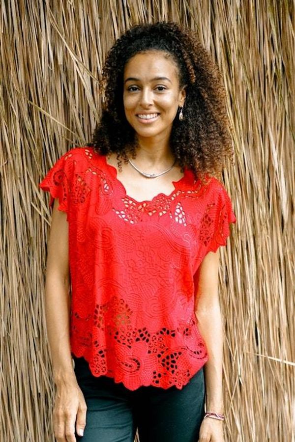 Alternate image for Red Floral Openwork and Embroidered Rayon Top Rose Mallow in Red