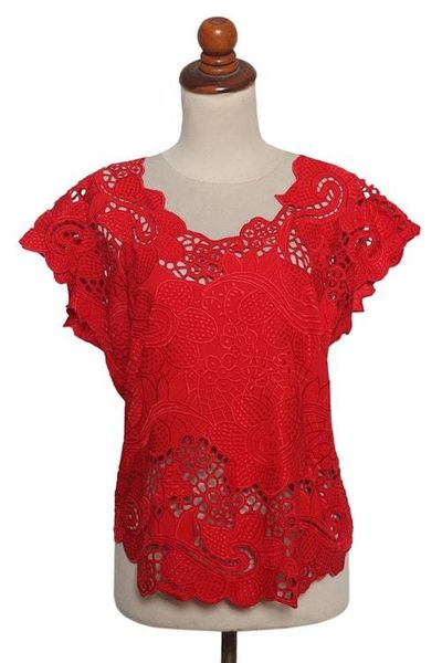 Alternate image for Red Floral Openwork and Embroidered Rayon Top Rose Mallow in Red