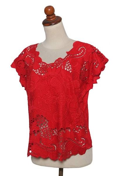 Alternate image for Red Floral Openwork and Embroidered Rayon Top Rose Mallow in Red