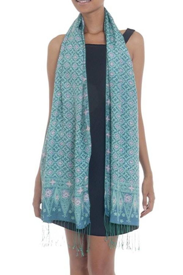 Alternate image for Blue Batik Truntum and Flower Patterned Silk Shawl Truntum Biru