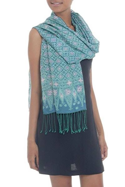 Alternate image for Blue Batik Truntum and Flower Patterned Silk Shawl Truntum Biru